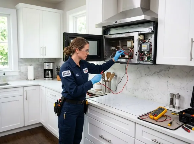 Appliance Repair Hero technician testing an over-the-range microwave in a Alder Creek, NY kitchen